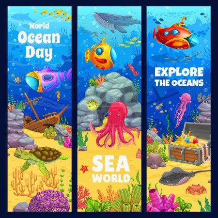 Illustration for Ocean day and sea world, cartoon underwater landscape vector banners of undersea explore adventure. Sea life, ocean underwater and coral reef marine ecosystem exploration with bathyscaphe submarine - Royalty Free Image