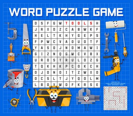 Illustration for Word search puzzle game, cartoon repair, DIY and work tool characters, vector grid worksheet. Kids word search quiz game with cartoon screwdriver, drill with saw, paintbrush and wrench work tools - Royalty Free Image