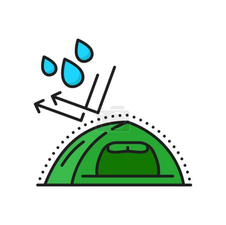 Illustration for Hiking tent emblem of breathable absorption cloth, drops and arrows sign. Waterproof camping tent of water resist material isolated outline icon - Royalty Free Image