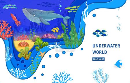 Landung Seite, Cartoon-Wal, Fischschwärme und Meer Papier geschnitten Landschaft. Vektorwebbanner mit Tieren aus der Unterwasserwelt, Tintenfischen, Krabben, tropischen Algen und Korallenriffen. Biodiversität der Ozeane 3D-Papierschnitt-Kunst