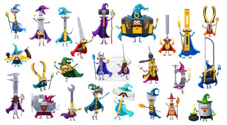 Illustration for Cartoon tools wizard and warlock characters. Vector wallpaper roll, axe, drill, file or fretsaw, ruler pliers, jigsaw and planer, vice, trowel, tape measure, hammer or sledgehammer fantasy mages set - Royalty Free Image