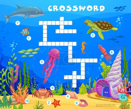 Illustration for Cartoon underwater sea animals, fish, seashell and plants. Vector crossword game worksheet, kids quiz grid puzzle with starfish, turtle, shell, jellyfish, squid and dolphin, pearl, crab and coral - Royalty Free Image