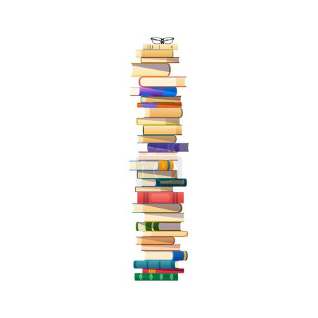 Illustration for High book stack or pile, school textbooks and library literature heap, vector tower row. Reading and education books, study textbooks and dictionary stack piles with eyeglasses in bookstore row - Royalty Free Image