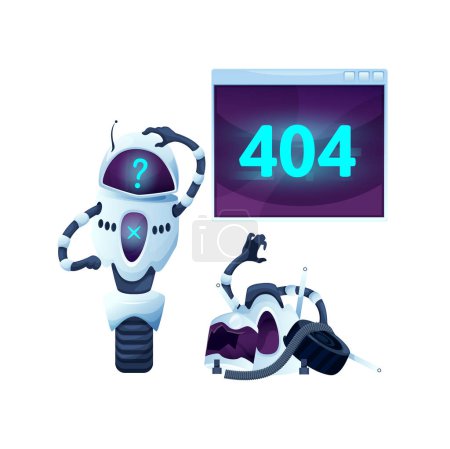 Ilustración de 404 Página con pantalla de dibujos animados y robot se ve desconcertado, como si no estuviera seguro de cómo ayudar al usuario a navegar a la página correcta. Accidente de accidente de bot online. Fallo de asistencia robótica, sitio web sobre trabajo técnico - Imagen libre de derechos