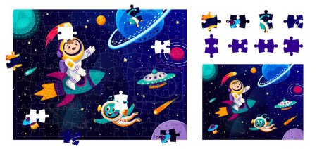Illustration for Cartoon alien, astronaut and space planets in jigsaw puzzle game, vector kids worksheet. Jigsaw puzzle to match and fit correct suitable pieces of picture with boy spaceman on rocket and UFO in galaxy - Royalty Free Image