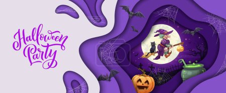 Illustration for Halloween paper cut cartoon flying witch, bats and pumpkins in cobweb, vector horror night holiday. Halloween party poster with paper cut spooky witch on broom and cemetery graveyard tombstones - Royalty Free Image