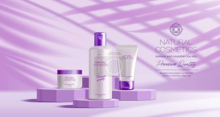 Illustration for Purple or lavender podium with cosmetics. Luxury cosmetics package advertisement showcase template, skincare cream and shampoo presentation composition realistic vector background with leaf shadows - Royalty Free Image