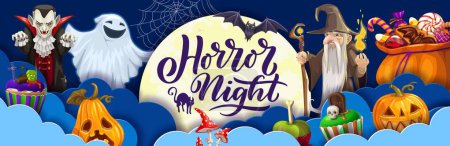 Illustration for Halloween paper cut banner with holiday cartoon characters, vector pumpkins and ghosts. Halloween horror night party background with happy spooky bat and scary moon with trick or treat candy sweets - Royalty Free Image