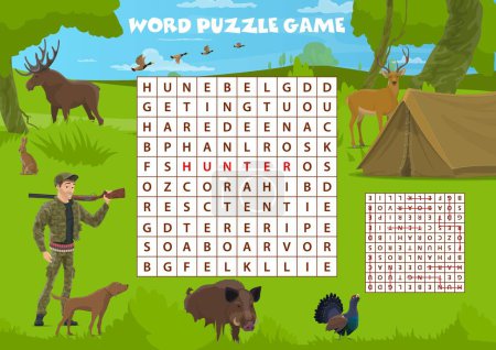 Illustration for Word search puzzle game with hunting sport and animals, vector kids worksheet quiz. Word search game with cartoon hunter with rifle gun for wild elk and deer, duck and boar or hare in forest - Royalty Free Image