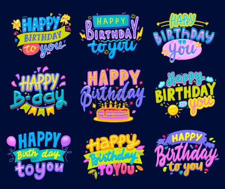 Illustration for Happy Birthday icons with vector cake, birth day candles and air balloons. Happy Birthday greeting cards or anniversary celebration badges set with cartoon lettering, festive flags and fireworks - Royalty Free Image