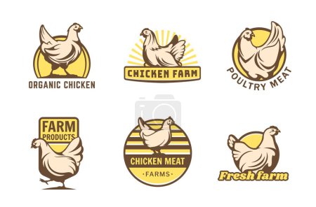 Illustration for Chicken farm icons of hen for poultry meat market and farmhouse, vector symbols. Chicken or hen emblems for organic farm products, bio eggs and fowl meat, cattle farm food and farmer shop signs - Royalty Free Image