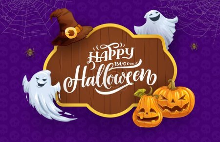 Illustration for Halloween wooden banner with cartoon pumpkins, ghosts and cobweb. Happy Halloween vector card of horror pumpkin lanterns, flying ghosts and witch hat, spiders, webs and old wood signboard - Royalty Free Image
