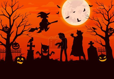 Téléchargez les illustrations : Caractères d'Halloween silhouettes sur le cimetière. Paysage de cimetière nocturne avec zombie, vampire, sorcière volante et citrouilles. Fond vectoriel avec des tombes, des arbres effrayants et des chauves-souris sous la lune dans un ciel orange - en licence libre de droit