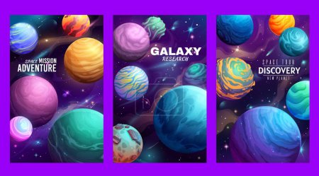 Illustration for Cartoon galaxy space planets poster. Vector futuristic backgrounds. Alien Universe with stars, falling comets and shining nebulas. Fantastic cosmic adventure, interstellar research and mission journey - Royalty Free Image
