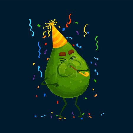 Illustration for Cartoon avocado character on holiday party. Happy ecstatic vector fruit personage wear funny hat blowing pipe on spirited celebration, having great time at birthday or anniversary bash with decor - Royalty Free Image