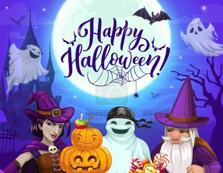 Illustration for Halloween landscape with cartoon characters. Vector poster with ghost pirate, witch and wizard under moonlight night and castle. Greeting card with funny spooks, bats and pumpkins spooky personages - Royalty Free Image