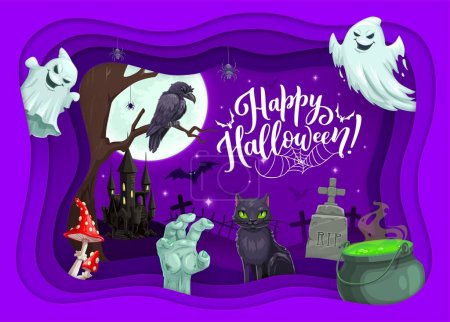 Illustration for Halloween paper cut with cemetery, castle, holiday landscape and cartoon ghosts. Vector Halloween horror night monsters in layered papercut frame with potion cauldron, moon, bats and zombie hand - Royalty Free Image
