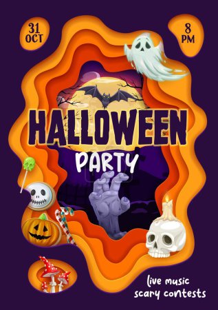 Illustration for Halloween paper cut flyer. Double exposition vector holiday invitation poster with scary zombie hand, ghost, bat, sweets, skull and pumpkins. October horror night card with scary monsters and beasts - Royalty Free Image