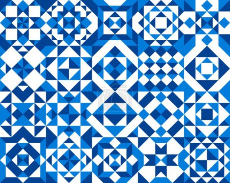 Illustration for Blue ceramic tile pattern with moroccan or portuguese azulejo ornament. Vector background of geometric mosaic with indigo and white floral elements, square, triangle and rectangle geometric shapes - Royalty Free Image