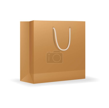 Illustration for Paper shopping bag with rope handles mockup. Boutique paper bag, retail purchase packaging or store shopping packet 3d vector template. Isolated cardboard paperbag with handles realistic mockup - Royalty Free Image