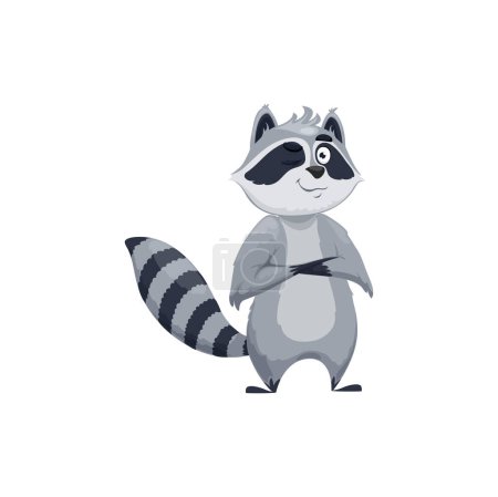 Illustration for Cartoon raccoon character. Funny zoo animal isolated vector personage, forest fauna cute or childish personage, winking and smiling baby raccoon character standing with hands crossed - Royalty Free Image