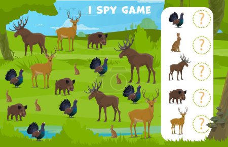 Illustration for I spy game with forest hunting animals on puzzle worksheet, vector kids quiz. Wild elk, deer and rabbit hare or grouse and boar in forest hunt for puzzle quiz to find and match similar picture - Royalty Free Image