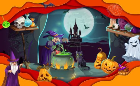 Illustration for Halloween paper cut witch with magic potion pot in cave, vector horror holiday. Scary witch and evil wizard characters, creepy pumpkins, ghost and moon, bats and black cat in layered papercut frame - Royalty Free Image