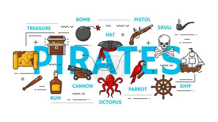 Illustration for Piracy, pirate and corsair item icons of skull, treasure chest and map, vector outline. Caribbean pirates ship and skull with crossbones, captain parrot and corsair tricorne hat with rum and spyglass - Royalty Free Image