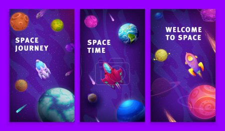 Illustration for Cartoon space posters, journey to galaxy with planets, stars and spaceship. Cosmos and Universe explore and investigation vector banners with shuttles flying in sky with colorful solar system objects - Royalty Free Image