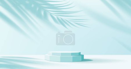 Illustration for Light blue podium vector mockup. 3d product display stand, platform or pedestal, studio stage and showroom scene with background of pastel wall and palm leaves shadow, empty geometric podium - Royalty Free Image