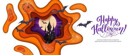 Illustration for Halloween paper cut midnight castle, cobweb and flying bats, vector horror holiday background. Halloween party poster with haunted castle and night moon, spiderweb and bats in paper cut art - Royalty Free Image