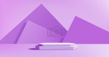 Téléchargez les illustrations : Podium violet ou lavande, fond de plate-forme vide. Présentoir de mode, plate-forme d'exposition plate-forme de base vectorielle réaliste éclairée par une plate-forme violette et un arrière-plan 3D - en licence libre de droit