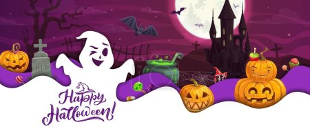 Illustration for Halloween paper cut banner. Cartoon eerie white ghost, pumpkins and castle. Vector background with 3d effect papercut waves, cauldron, spook, bats, spider web, candies and trees at moonlight night - Royalty Free Image