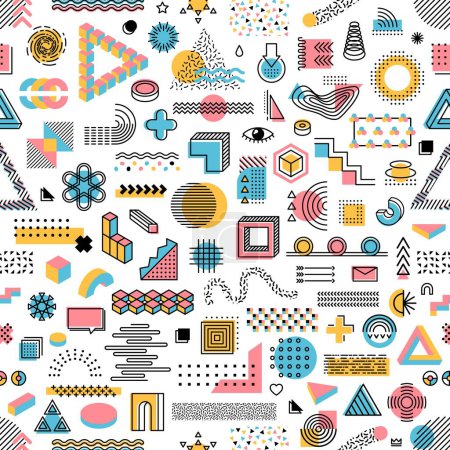 Illustration for Memphis geometric shapes seamless pattern. Vector tile background inspired by the memphis design movement of the 1980s. Eye-catching ornament for textiles, wrapping paper, wallpaper and home decor - Royalty Free Image