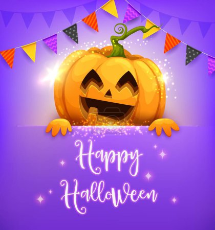 Illustration for Cartoon Halloween pumpkin character with holiday garland and sparkles. Vector festive poster or greeting card with funny jack lantern personage peep out, Happy Halloween text and magic glowing sparks - Royalty Free Image