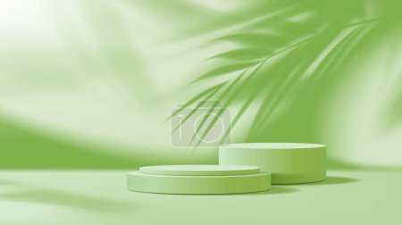 Illustration for Empty green or pistachio podium mockup. Realistic 3d vector background with round platforms or pedestals for natural cosmetic products presentation in studio with shadow of palm leaf on the wall - Royalty Free Image