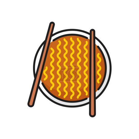 Téléchargez les illustrations : Nouilles instantanées coréennes torsadées avec baguettes dans un bol isolé ramen icône de ligne de soupe. Pâtes spaghetti vectorielles longues, cuisine chinoise - en licence libre de droit