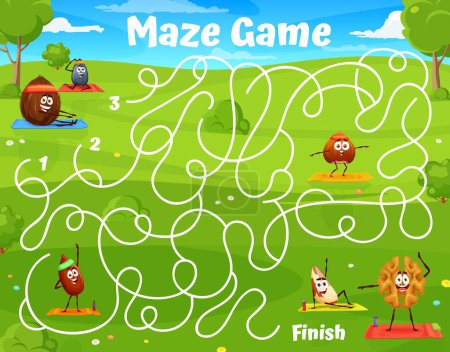 Illustration for Cartoon nuts characters on yoga fitness labyrinth maze. Kids vector board game worksheet with coconut, almond, hazelnut and brazil with sunflower seed sportsmen personages on summer field riddle, test - Royalty Free Image