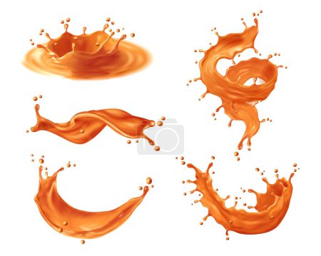Illustration for Caramel sauce syrup splashes, swirls and waves with drops. Vector 3d melted toffee, milk candy, liquid chocolate or cream dessert wavy splashes. Flowing orange caramel, sweet toffee candy swirls - Royalty Free Image