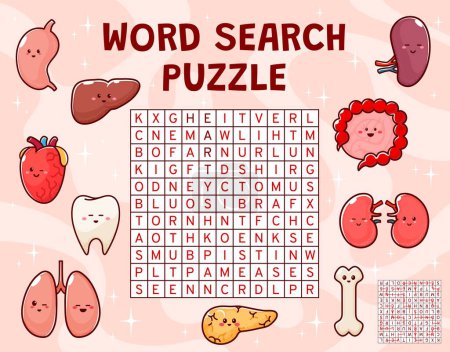 Illustration for Word search puzzle game. Human body organ characters. Crossword wordsearch puzzle, vocabulary riddle vector worksheet with stomach, tooth, pancreas, heart and intestine, liver cheerful personages - Royalty Free Image