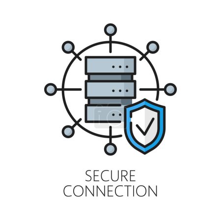 Illustration for Secure connection. CDN. Content delivery network icon, blog portal database administration and publishing system symbol, internet and network technology outline vector pictogram with server and shield - Royalty Free Image