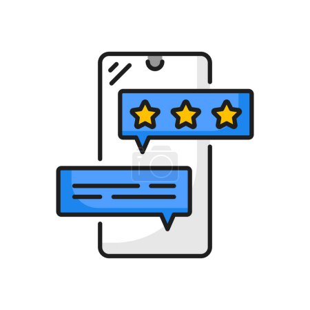 Illustration for Quality rating star bubbles on mobile phone icon, customer review and feedback. Vector online chat speech bubbles with user experience or customer satisfaction rank stars of good or bad quality level - Royalty Free Image