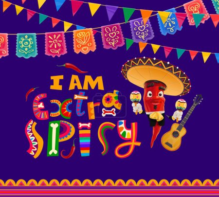Citation "Je suis extra épicé, bannière vectorielle de cuisine mexicaine avec piment rouge, jalapeno ou guindilla personage porter mariachi chapeau et costume jouer maracas à fond décoré avec guirlandes drapeau