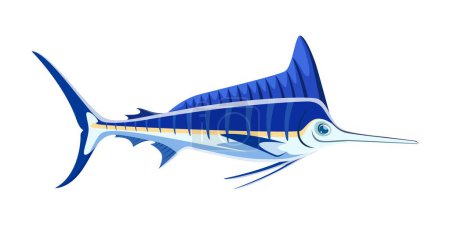 Téléchargez les illustrations : Personnage de marlin bleu. Vecteur de dessin animé isolé puissant créature marine connue pour sa couleur bleue frappante, sa taille impressionnante et son bec distinctif. Haut prédateur capable de vitesses et de sauts impressionnants - en licence libre de droit
