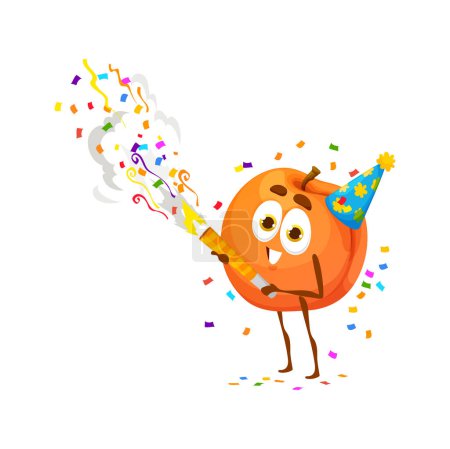 Illustration for Cartoon cheerful peach fruit character on birthday party, anniversary holiday celebration. Birthday congratulating, holiday event or anniversary party cute fruit vector personage with confetti cracker - Royalty Free Image