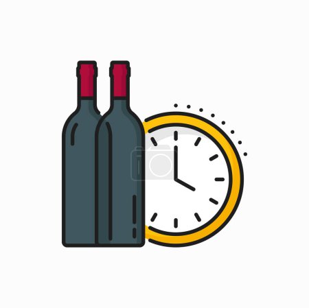 Téléchargez les illustrations : Horloge et bouteille de vin. Temps de se détendre et boire icône contour. Bouteilles d'alcool vectorielles, temps de boire une boisson alcoolisée, boissons sucrées de fête - en licence libre de droit