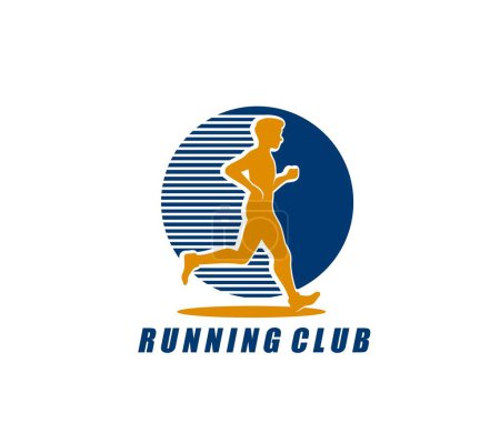 Illustration for Running club icon or marathon race sport, vector emblem of runner man silhouette. Sprint run or marathon challenge and triathlon distance running or jogging sport club sign for athletic run activity - Royalty Free Image