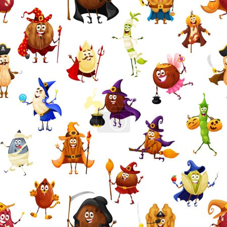 Illustration for Cartoon Halloween nut and bean characters seamless pattern. Fabric vector pattern or print with devil pumpkin seed, coffee bean, pistachio and walnut wizard, coconut, sunflower zombie funny personage - Royalty Free Image