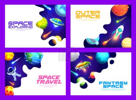 Illustration for Space landing pages, galaxy universe planets and spaceships, vector website template. Outer space discovery, travel and galaxy exploration, fantasy alien UFO and spaceman in starry sky - Royalty Free Image