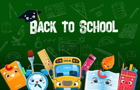 Illustration for Back to school poster with cheerful education supply characters. Vector notebook, paint brush, alarm clock and ruler. Yellow bus, highlighter, textbook and pencil case with autumn leaves personages - Royalty Free Image